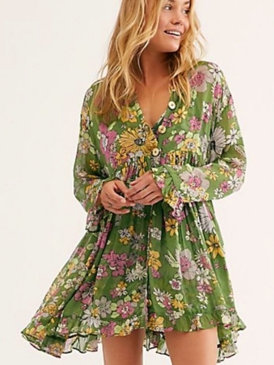 Free People Tops - Free People Everything and More Green Multi Floral Bloom Gold Button-Front Dress
